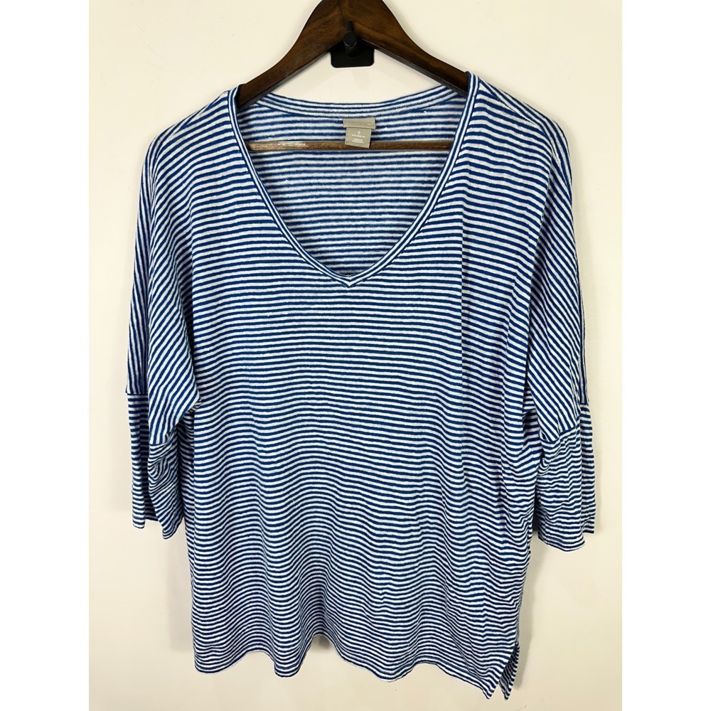 Chicos Striped Linen Top Womens XL Blue White Striped‎ 3/4 Sleeve Preppy Coastal